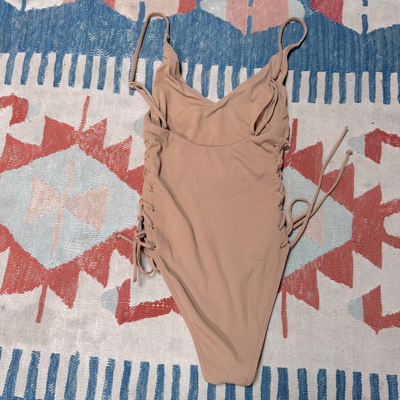 Blue Life Roped Up One Piece Swimsuit in Cacao Tan Lace Up Nude Deep V - Picture 6 of 12